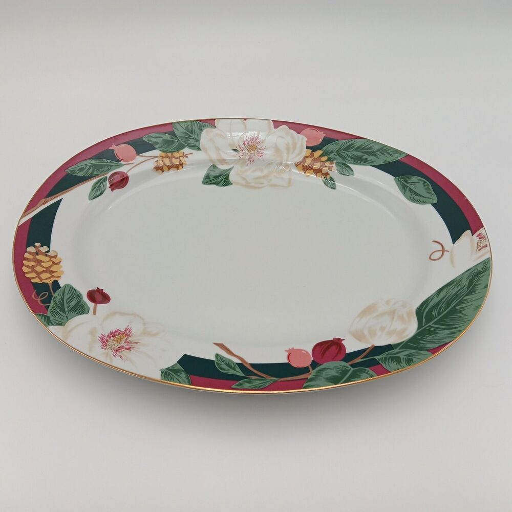 Vintage Tienshan Magnolia Fine China Serving Platter Oval Approx 11"x14" Holiday